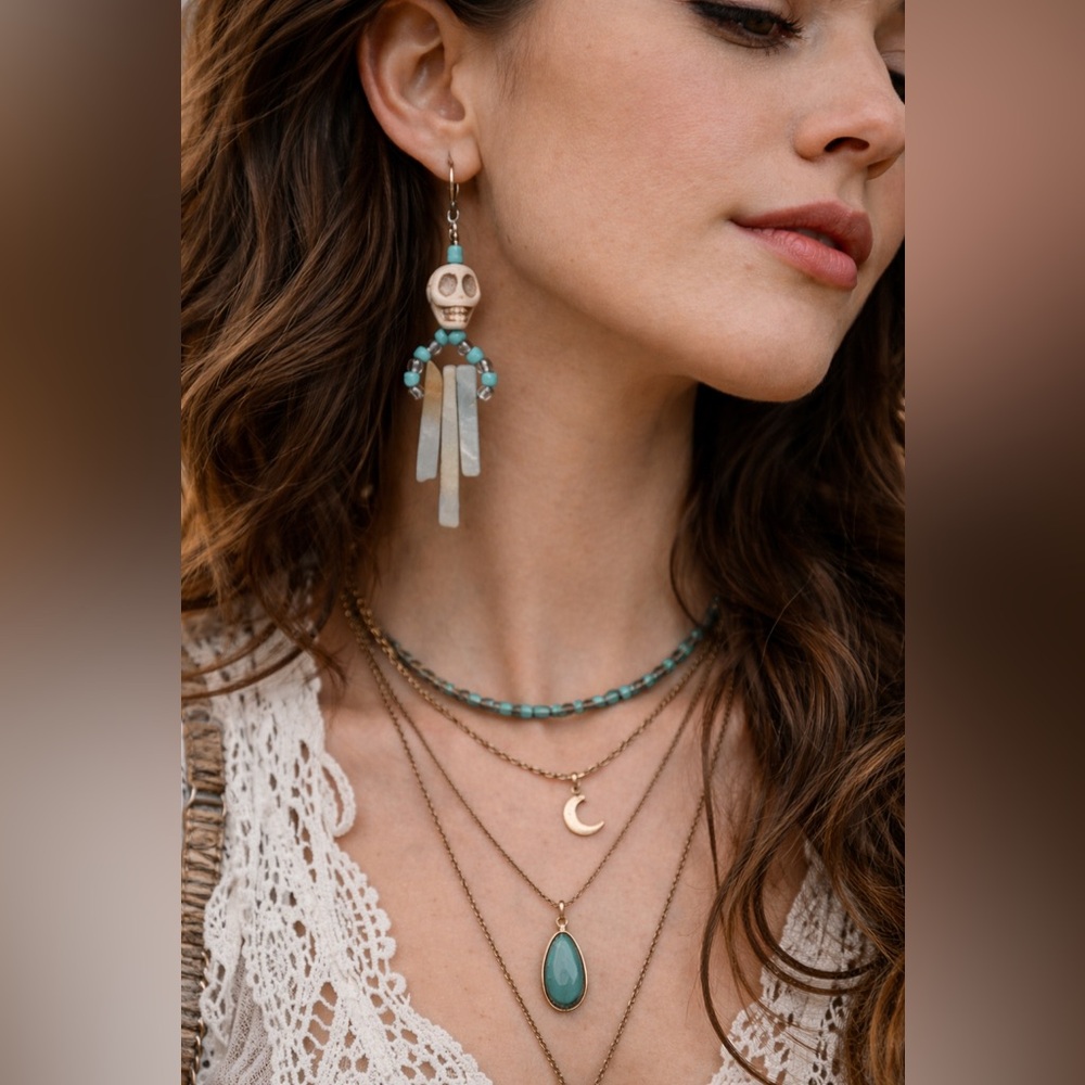 Beaded Skull Dangle Earrings Turquoise Stone Stick Drop Boho Got